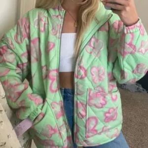 WILD FABLE WOMEN’S FLORAL FULL-ZIP HOODED QUILTED JACKET//GREEN & PINK//SIZE MED